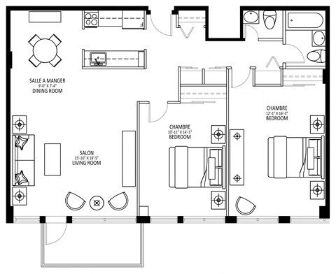 Floor plan for 2 beds, 1.5 baths, 1070 sqft